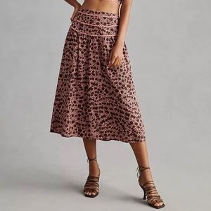 Anthropologie Pink and Black Floral Midi Skirt